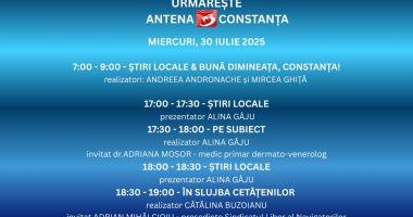 Stire din Actualitate : Programul zilei de miercuri, 30 iulie, la Antena 3 Constanța