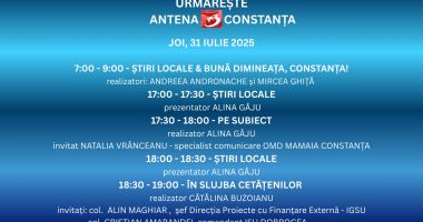 Stire din Actualitate : Programul zilei de joi, 31 iulie, la Antena 3 Constanța