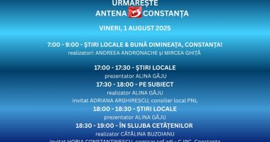 Stire din Actualitate : Programul zilei de vineri, 1 august, la Antena 3 Constanța