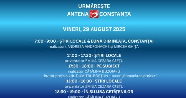 Stire din Actualitate : Programul zilei de vineri, 29 august, la Antena 3 Constanța
