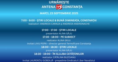 Stire din Actualitate : Programul zilei de marți, 23 septembrie, la Antena 3 Constanța