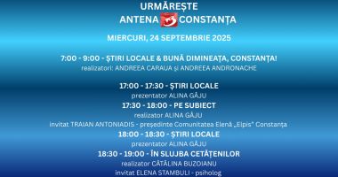 Stire din Actualitate : Programul zilei de miercuri, 24 septembrie, la Antena 3 Constanța