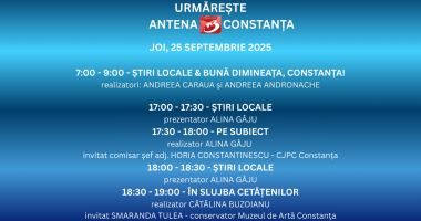 Stire din Actualitate : Programul zilei de joi, 25 septembrie, la Antena 3 Constanța
