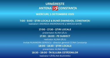 Stire din Actualitate : Programul zilei de miercuri, 1 octombrie, la Antena 3 Constanța