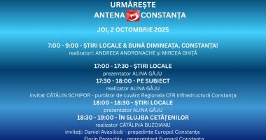Stire din Actualitate : Programul zilei de joi, 2 octombrie, la Antena 3 Constanța