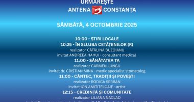 Stire din Actualitate : Programul zilei de sâmbătă, 4 octombrie, la Antena 3 Constanța