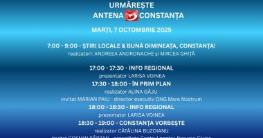 Stire din Actualitate : Programul zilei de marți, 7 octombrie, la Antena 3 Constanța