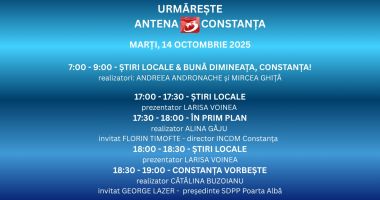 Stire din Actualitate : Programul zilei de marți, 14 octombrie, la Antena 3 Constanța