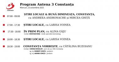 Stire din Actualitate : Programul zilei de miercuri, 15 octombrie, la Antena 3 Constanța