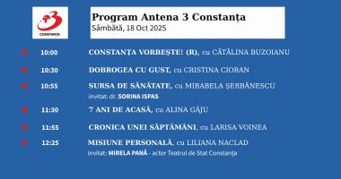 Stire din Actualitate : Programul zilei de sâmbătă, 18 octombrie, de la Antena 3 Constanța