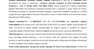 Eveniment de lansare a proiectului „Creşterea eficienţei energetice la  Liceul tehnologic Nicolae Dumitrescu – Corp C1 (Școala nouã)” - 2