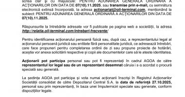 Consiliul de Administrație al Societății OIL TERMINAL S.A. convoacă Adunarea Generală Ordinară a Acţionarilor în data de 07.11.2025, ora 11.00 - 4