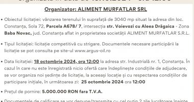 Anunţ licitaţie publică pentru vânzare teren 3040 mp în Constanţa organizată în data de 18.10.2024 - ora 12:00 - 2