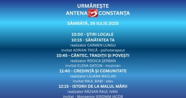 Stire din Actualitate : Programul zilei de sâmbătă, 26 iulie, la Antena 3 Constanța