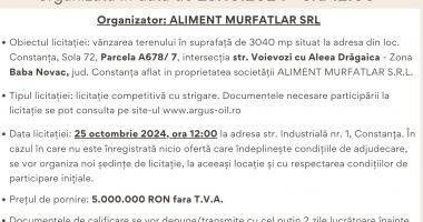 Anunţ licitaţie publică pentru vânzare teren 3040 mp în Constanţa organizată în data de 25.10.2024 - ora 12:00 - 2