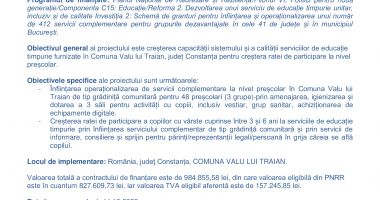 „Dezvoltarea serviciilor de educație timpurie complementară în Comuna Valu lui Traian,  Județ Constanța” - 2