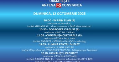 Stire din Actualitate : Programul zilei de duminică, 12 octombrie, la Antena 3 Constanța