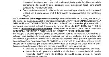 Consiliul de Administrație al Societății OIL TERMINAL S.A. convoacă Adunarea Generală Ordinară a Acționarilor în data de 28.11.2025, ora 11.00 - 5