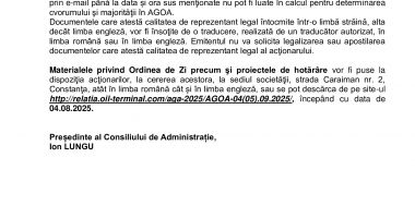 Consiliul de Administrație al Societății OIL TERMINAL S.A. convoacă Adunarea Generală Ordinară a Acţionarilor în data de 04.09.2025 - 7