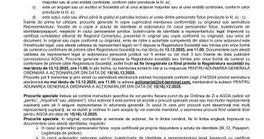 Consiliul de Administrație al Societății OIL TERMINAL S.A. convoacă Adunarea Generală Ordinară a Acţionarilor în data de 15(16).12.2025, ora 11.00 - 3