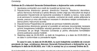 Consiliul de Administrație al Societății OIL TERMINAL S.A. convoacă Adunarea Generală Extraordinară a Acţionarilor în data de 04.09.2025 - 2