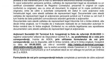 Consiliul de Administrație al Societății OIL TERMINAL S.A. convoacă Adunarea Generală Extraordinară a Acţionarilor în data de 04.09.2025 - 6