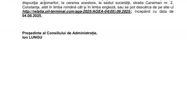 Consiliul de Administrație al Societății OIL TERMINAL S.A. convoacă Adunarea Generală Extraordinară a Acţionarilor în data de 04.09.2025 - 7