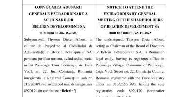 CONVOCAREA ADUNARII GENERALE EXTRAORDINARE A ACȚIONARILOR BELCRIN DEVELOPMENT SA la data de 03.12.2025 - 2
