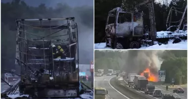 Autostradă închisă după explozia unui TIR condus de un român. Zeci de butelii au sărit în aer