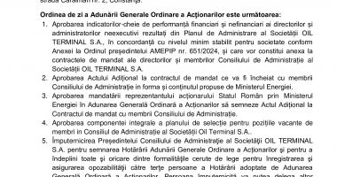 Consiliul de Administrație al Societății OIL TERMINAL S.A. convoacă Adunarea Generală Ordinară a Acţionarilor - 2