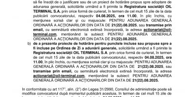 Consiliul de Administrație al Societății OIL TERMINAL S.A. convoacă Adunarea Generală Ordinară a Acţionarilor - 3