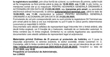 Consiliul de Administrație al Societății OIL TERMINAL S.A. convoacă Adunarea Generală Ordinară a Acţionarilor - 7