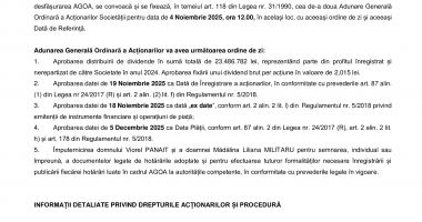 Consiliul de Administrație al Societății COMVEX S.A. convoacă Adunarea Generală Ordinară a Acționarilor Societății în data de 3 Noiembrie 2025, ora 12.00 - 2