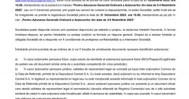 Consiliul de Administrație al Societății COMVEX S.A. convoacă Adunarea Generală Ordinară a Acționarilor Societății în data de 3 Noiembrie 2025, ora 12.00 - 3