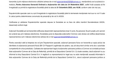 Consiliul de Administrație al Societății COMVEX S.A. convoacă Adunarea Generală Ordinară a Acționarilor Societății în data de 3 Noiembrie 2025, ora 12.00 - 6