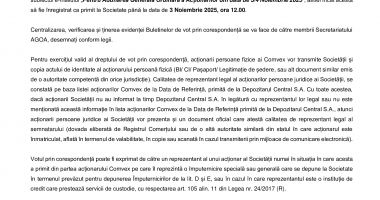 Consiliul de Administrație al Societății COMVEX S.A. convoacă Adunarea Generală Ordinară a Acționarilor Societății în data de 3 Noiembrie 2025, ora 12.00 - 7