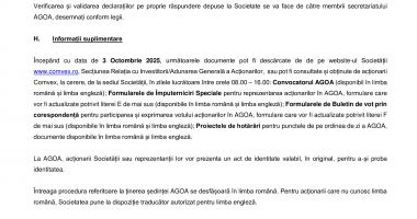Consiliul de Administrație al Societății COMVEX S.A. convoacă Adunarea Generală Ordinară a Acționarilor Societății în data de 3 Noiembrie 2025, ora 12.00 - 8