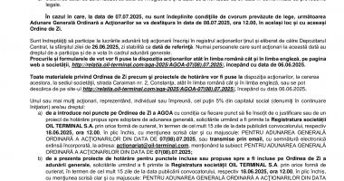 Consiliul de Administrație al Societății OIL TERMINAL S.A. convoacă Adunarea Generală Ordinară a Acţionarilor - 2