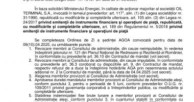 Consiliul de Administrație al Societății OIL TERMINAL S.A., întrunit în ședința din data de 26.03.2025 - 2