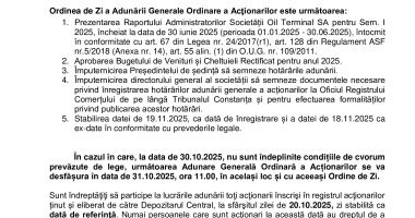 Consiliul de Administrație al Societății OIL TERMINAL S.A. convoacă Adunarea Generală Ordinară a Acţionarilor în data de 30.10.2025, ora 11.00 - 2