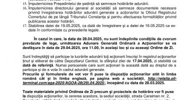 Consiliul de Administrație al Societății OIL TERMINAL S.A. convoacă Adunarea Generală Ordinară a Acţionarilor - 3