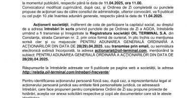 Consiliul de Administrație al Societății OIL TERMINAL S.A. convoacă Adunarea Generală Ordinară a Acţionarilor - 4