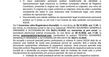 Consiliul de Administrație al Societății OIL TERMINAL S.A. convoacă Adunarea Generală Ordinară a Acţionarilor în data de 30.10.2025, ora 11.00 - 5