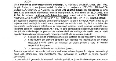 Consiliul de Administrație al Societății OIL TERMINAL S.A. convoacă Adunarea Generală Ordinară a Acţionarilor - 6