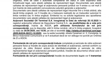 Consiliul de Administrație al Societății OIL TERMINAL S.A. convoacă Adunarea Generală Ordinară a Acţionarilor în data de 30.10.2025, ora 11.00 - 6