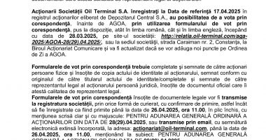 Consiliul de Administrație al Societății OIL TERMINAL S.A. convoacă Adunarea Generală Ordinară a Acţionarilor - 7