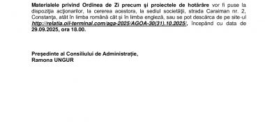 Consiliul de Administrație al Societății OIL TERMINAL S.A. convoacă Adunarea Generală Ordinară a Acţionarilor în data de 30.10.2025, ora 11.00 - 7