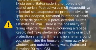 Stire din Eveniment : Panică în județul Tulcea: RO-Alert pentru posibile căderi de obiecte din spațiul aerian