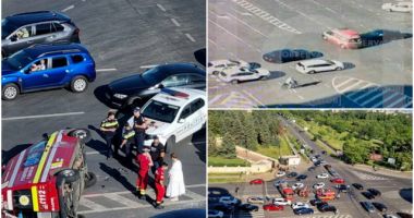 Stire din Eveniment : Accident terifiant într-o intersecție aglomerată! O ambulanță aflată în misiune s-a răsturnat
