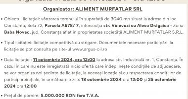 Anunţ licitaţie publică pentru vânzare teren 3040 mp în Constanţa organizată în data de 11.10.2024 - ora 12:00 - 2